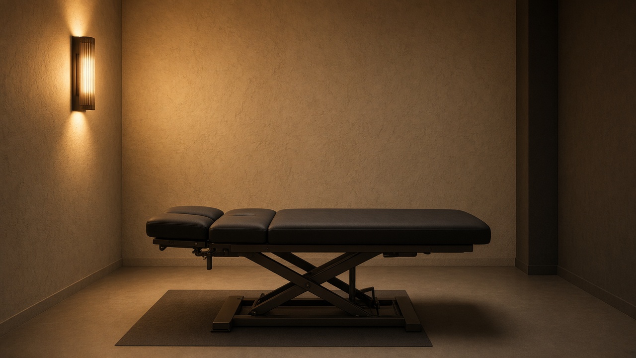 Quiet treatment room with a simple table and warm side light