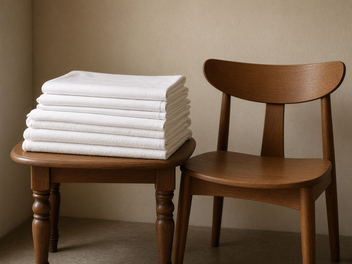 Folded linens and a wood side chair in a calm treatment still life